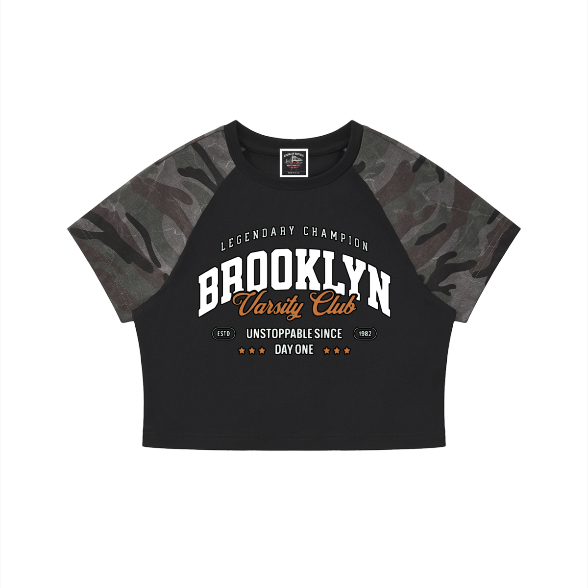 "Varsity Club" Women’s Camo Crop T-Shirt