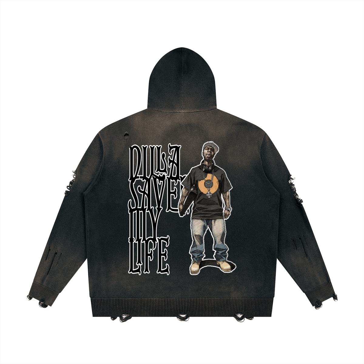 "Dilla Saved My Life" Distressed Full Zip Sweater