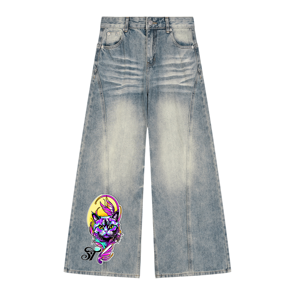 Brooklyn Zoo™ "Bad Kitty" Women’s Vintage Wash Wide Leg Denim Jeans
