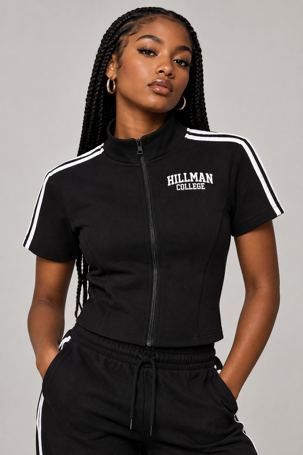 Hillman College "Gilbert Hall" Women's Cropped Full Zip Short Sleeve T-Shirt