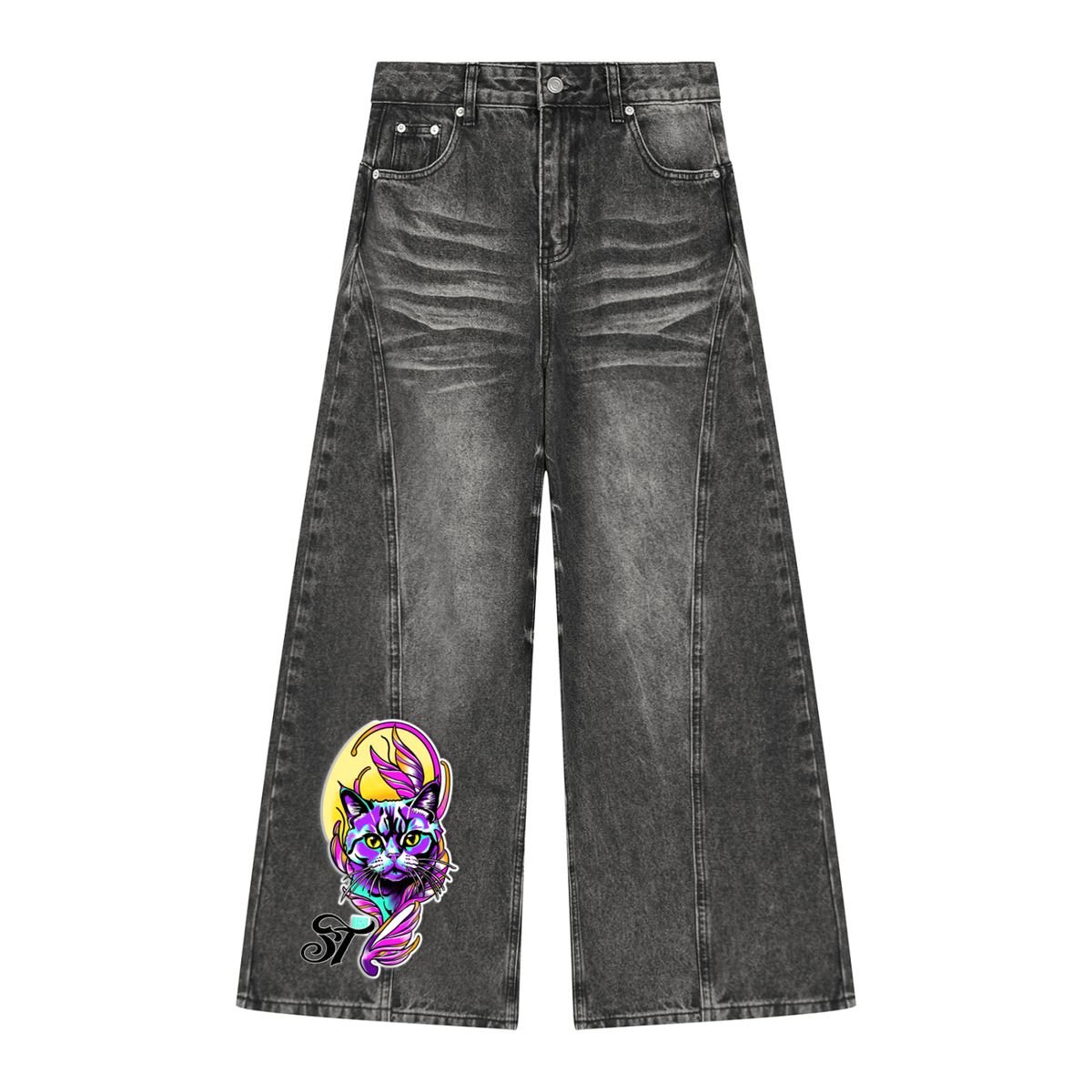 Brooklyn Zoo™ "Bad Kitty" Women’s Vintage Wash Wide Leg Denim Jeans