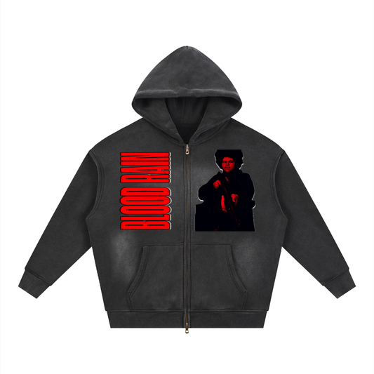 "Blood Rain" Sunfade Two-way Zipper Boxy Fleece Hoodie