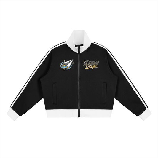 "DREAM CHASERS" Contrast Side Stripe Fleece Cropped Track Jacket
