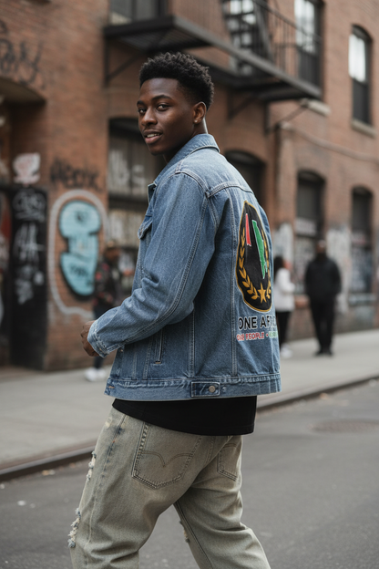 Sankofa™ "One Blood" Vintage Wash Zip Up Denim Jacket