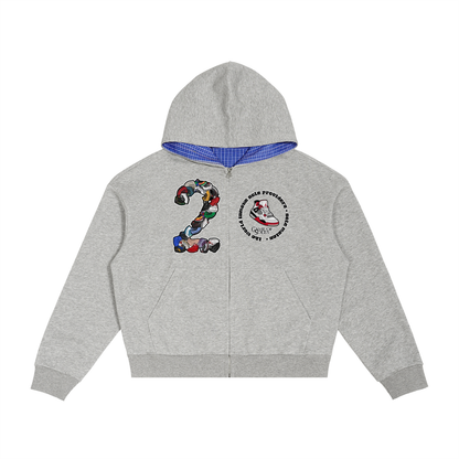 "AJ 2" Contrast Plaid Boxy Zip Hoodie