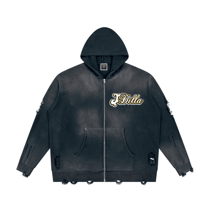 "Dilla Saved My Life" Distressed Full Zip Sweater