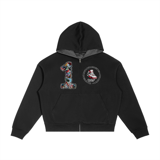"AJ 1" Contrast Plaid Boxy Zip Hoodie