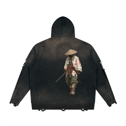 "Bushidokan" Distressed Full Zip Sweater
