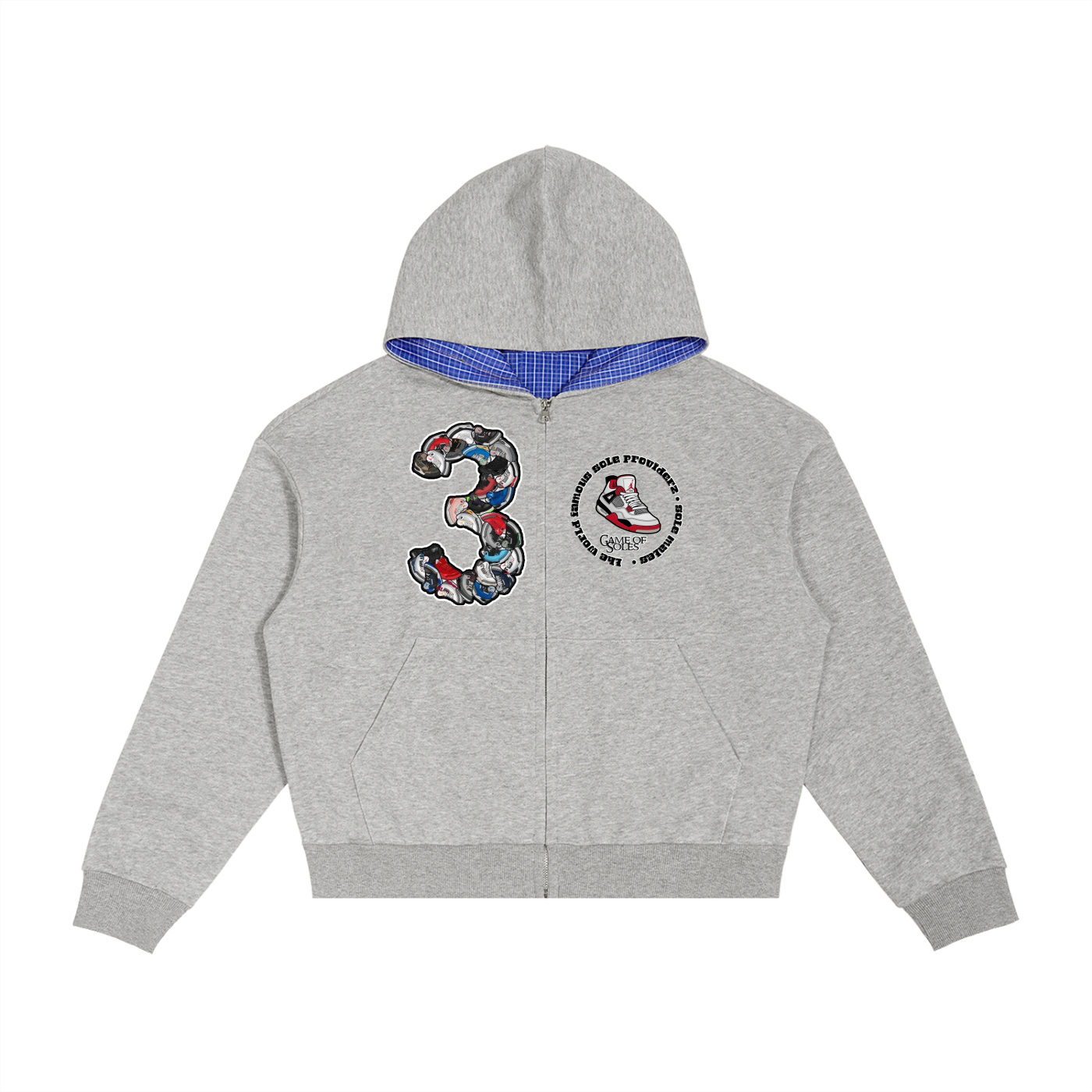"AJ 3" Contrast Plaid Boxy Zip Hoodie