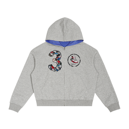 "AJ 3" Contrast Plaid Boxy Zip Hoodie