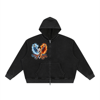 PYN™ "The Final Chamber" Vintage Wash Boxy Waffle Full Zip Hoodie