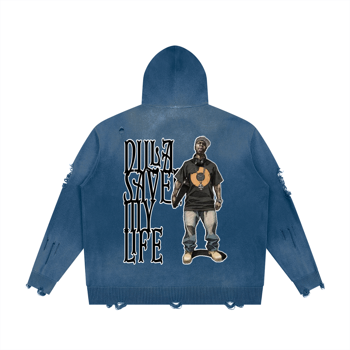 "Dilla Saved My Life" Distressed Full Zip Sweater