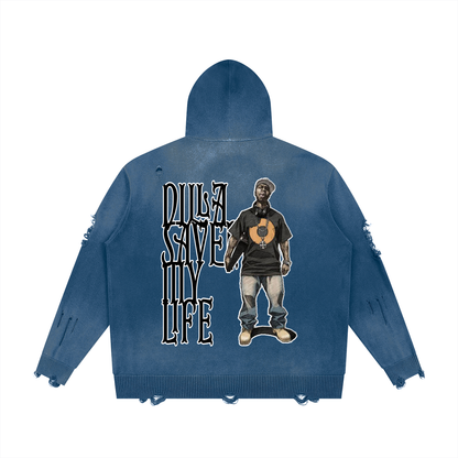 "Dilla Saved My Life" Distressed Full Zip Sweater