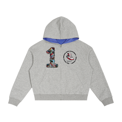 "AJ 1" Contrast Plaid Boxy Zip Hoodie