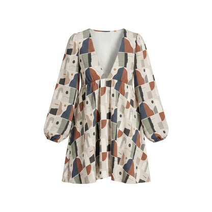"Reanna" Lantern Sleeve Deep V-Neck Dress