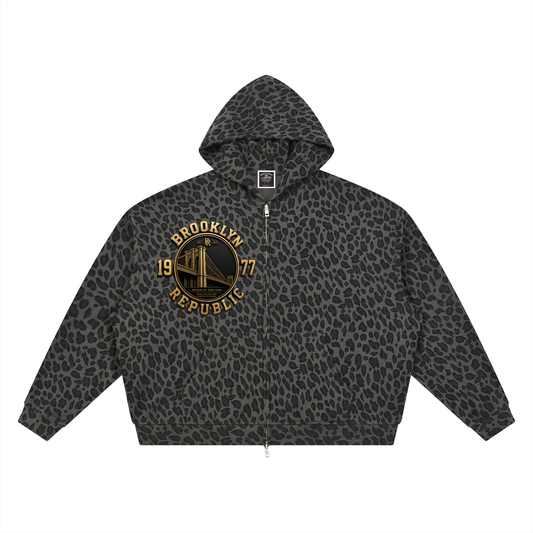 "Golden Standard" Leopard Print Waffle Full Zip Hoodie