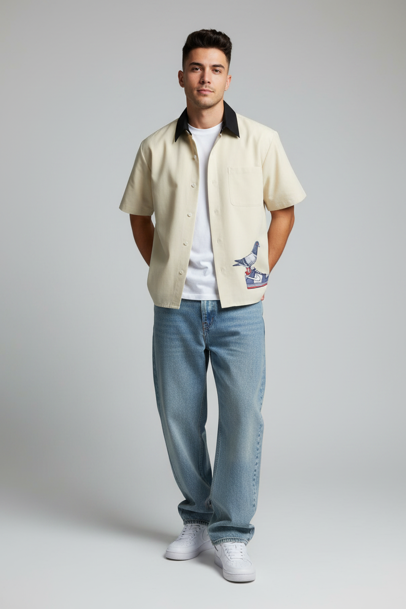 “Dunk the Angry Pigeon” Color Block Short Sleeve Button-Up