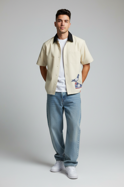 “Dunk the Angry Pigeon” Color Block Short Sleeve Button-Up