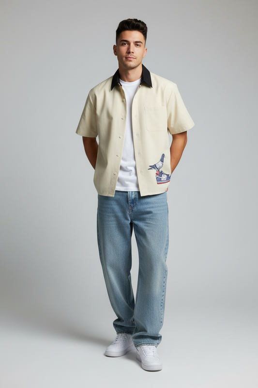 “Dunk the Angry Pigeon” Color Block Short Sleeve Button-Up