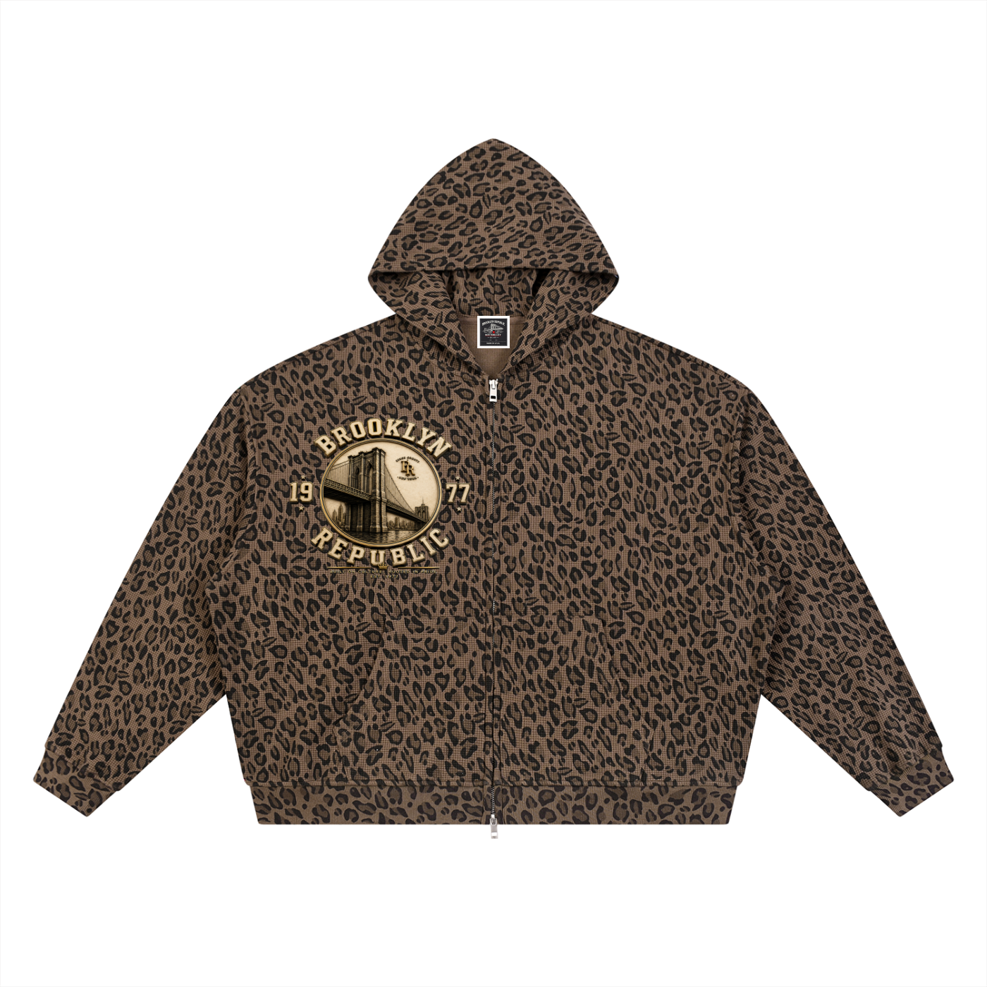 "Old Gold" Leopard Print Waffle Full Zip Hoodie