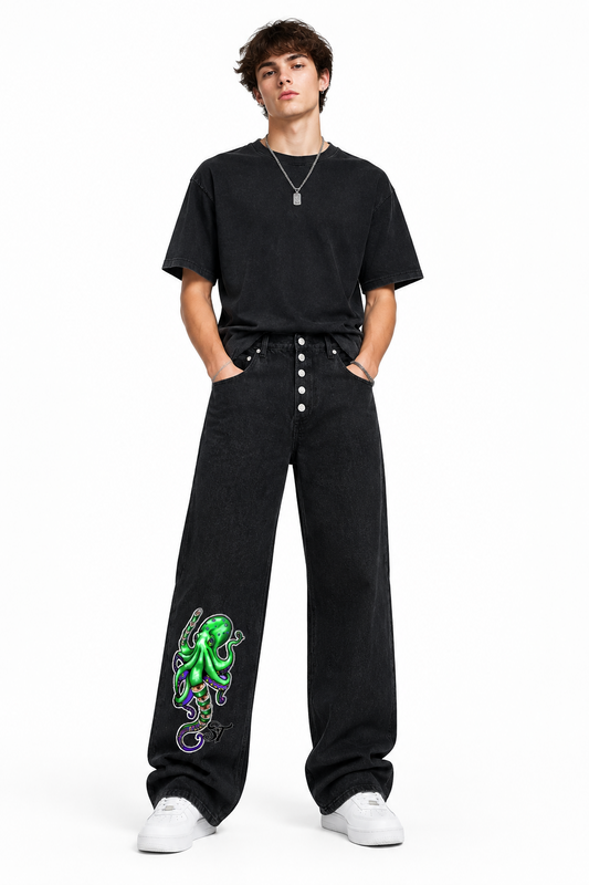 Brooklyn Zoo™ "Gas Station Sushi" Men's Vintage Wash Wide Leg Denim Jeans