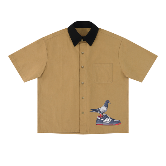 “Dunk the Angry Pigeon” Color Block Short Sleeve Button-Up