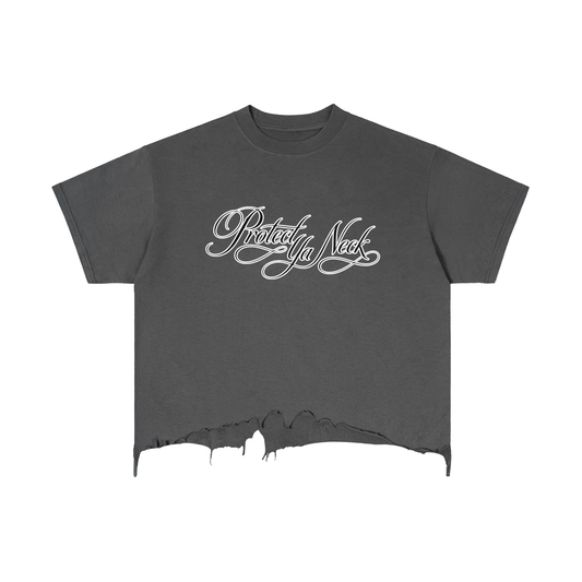 PYN™ x BKRP™ "PYN Official" Vintage Wash Boxy Distressed Hem T-Shirt