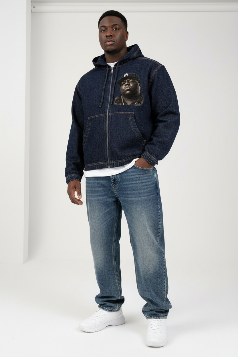 "Biggie Smalls" Boxy Vintage Wash Hooded Denim Jacket