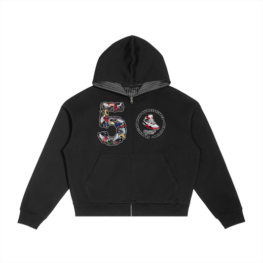 "AJ 5" Contrast Plaid Boxy Zip Hoodie