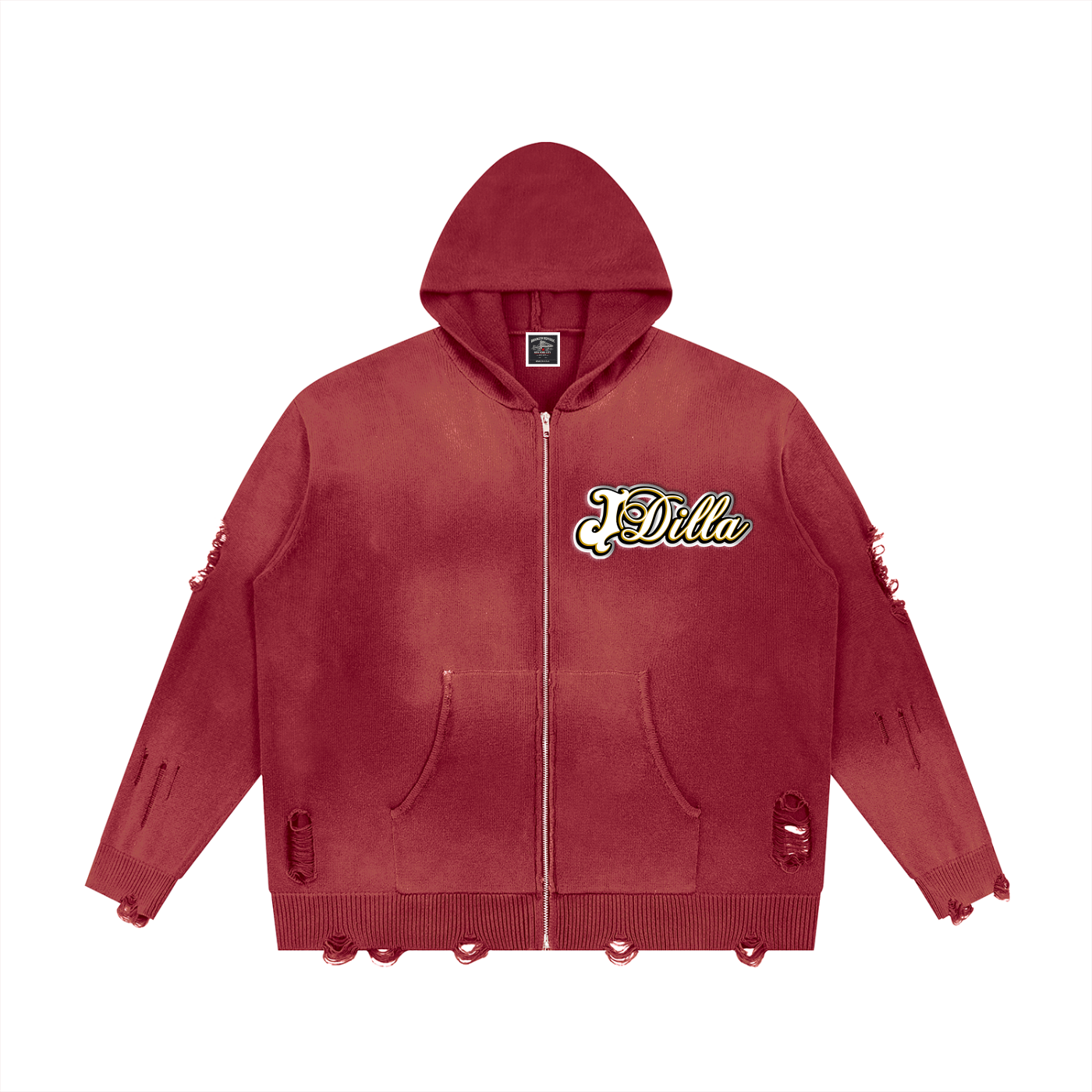 "Dilla Saved My Life" Distressed Full Zip Sweater