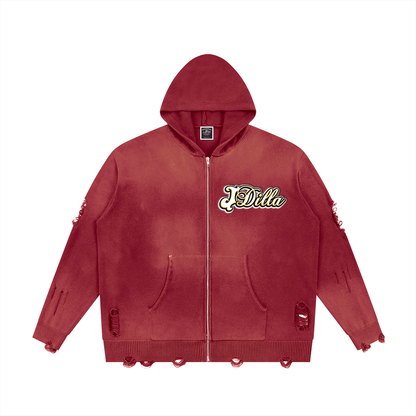 "Dilla Saved My Life" Distressed Full Zip Sweater