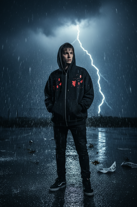 "Blood Rain" Fleeced Full-Zip Boxy Hoodie