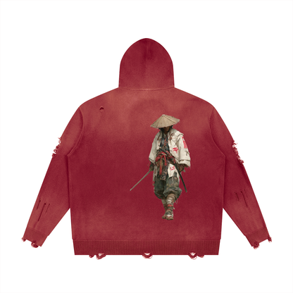 "Bushidokan" Distressed Full Zip Sweater