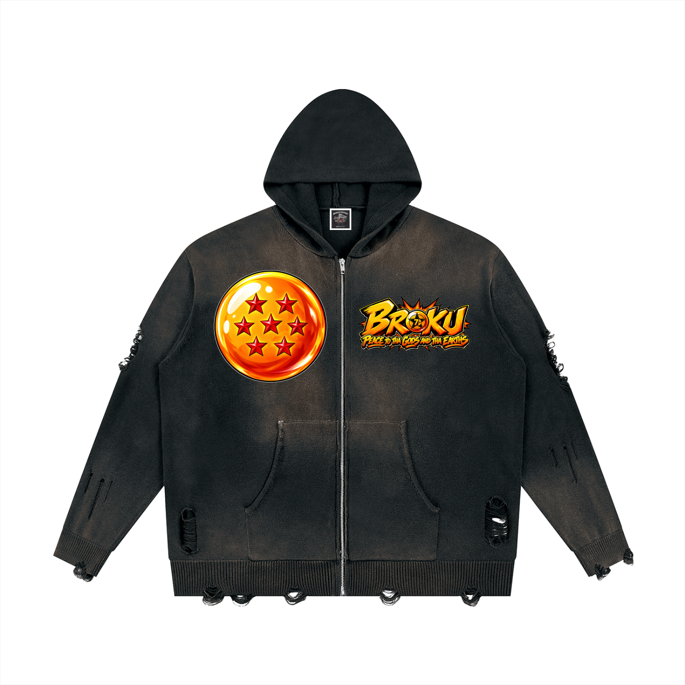 "Broku" Distressed Full Zip Sweater
