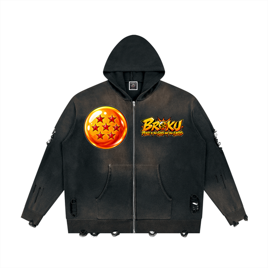 "Broku" Distressed Full Zip Sweater