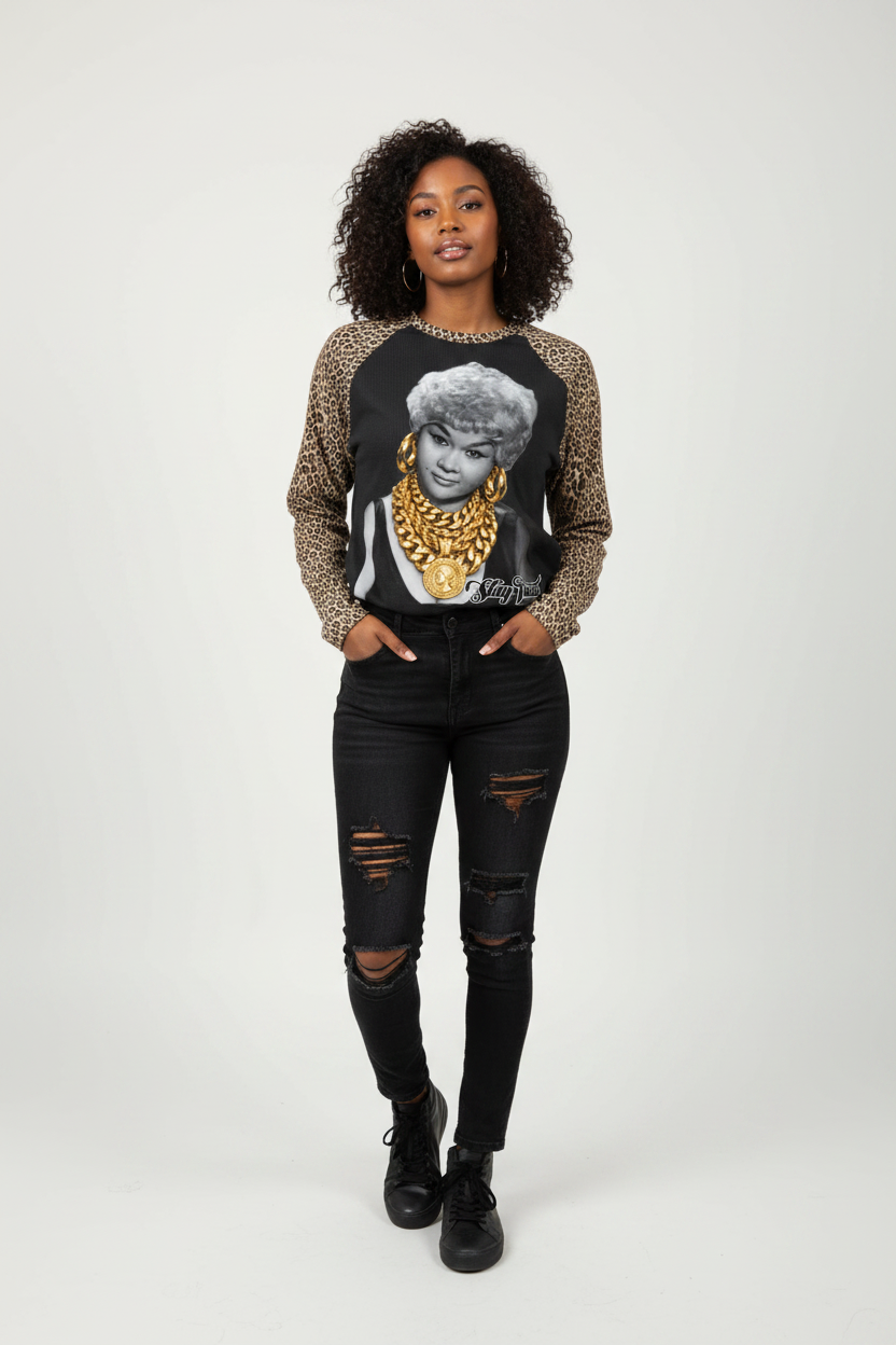 "Miss Peaches" Leopard Panel Raglan Sleeve T-Shirt