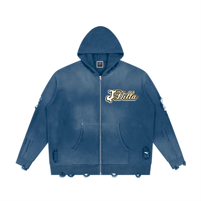 "Dilla Saved My Life" Distressed Full Zip Sweater