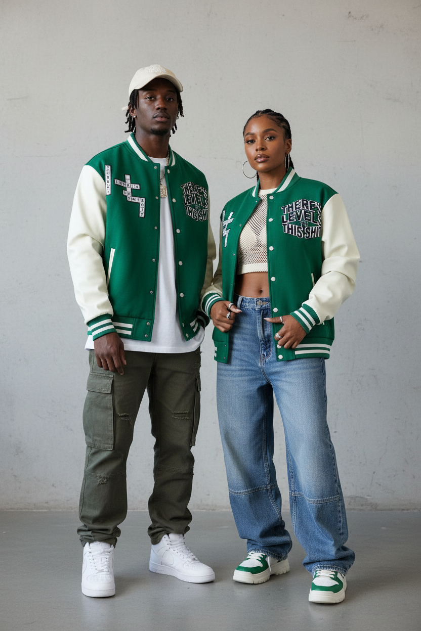 "LEVELS" Two-Tone Fleeced Varsity Jacket