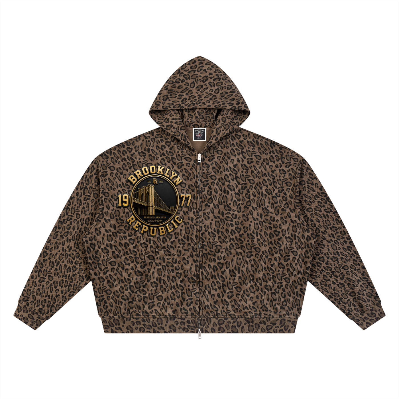 "Golden Standard" Leopard Print Waffle Full Zip Hoodie