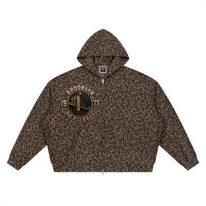 "Golden Standard" Leopard Print Waffle Full Zip Hoodie