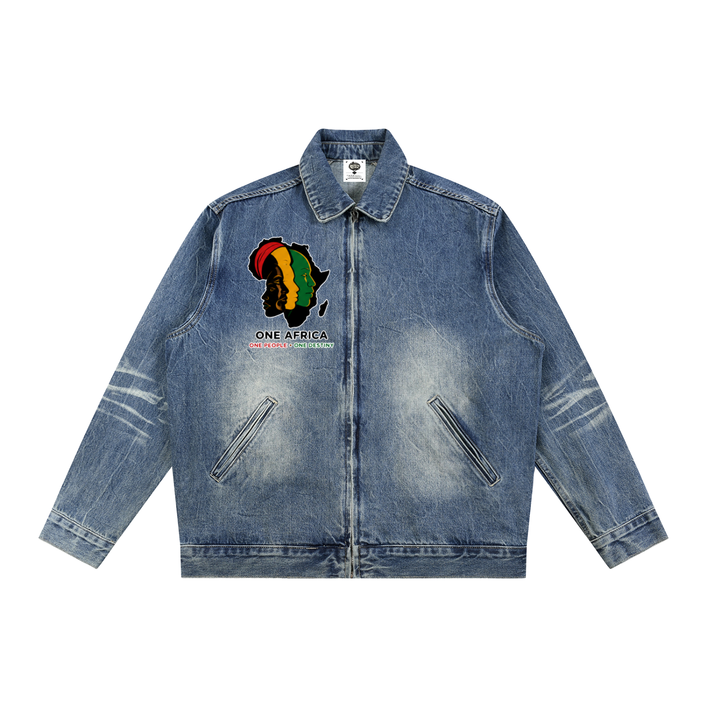 "One Blood" Vintage Wash Zip Up Denim Jacket