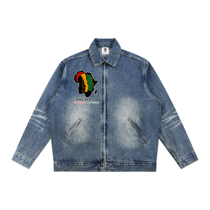 "One Blood" Vintage Wash Zip Up Denim Jacket
