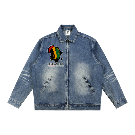 "One Blood" Vintage Wash Zip Up Denim Jacket