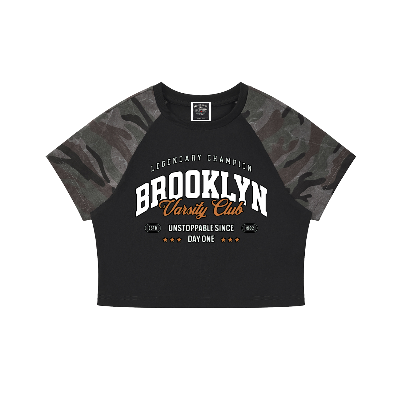 "Varsity Club" Women’s Camo Crop T-Shirt