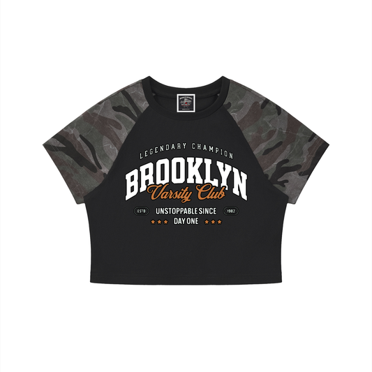 "Varsity Club" Women’s Camo Crop T-Shirt