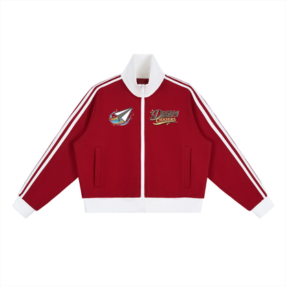 "DREAM CHASERS" Contrast Side Stripe Fleece Cropped Track Jacket
