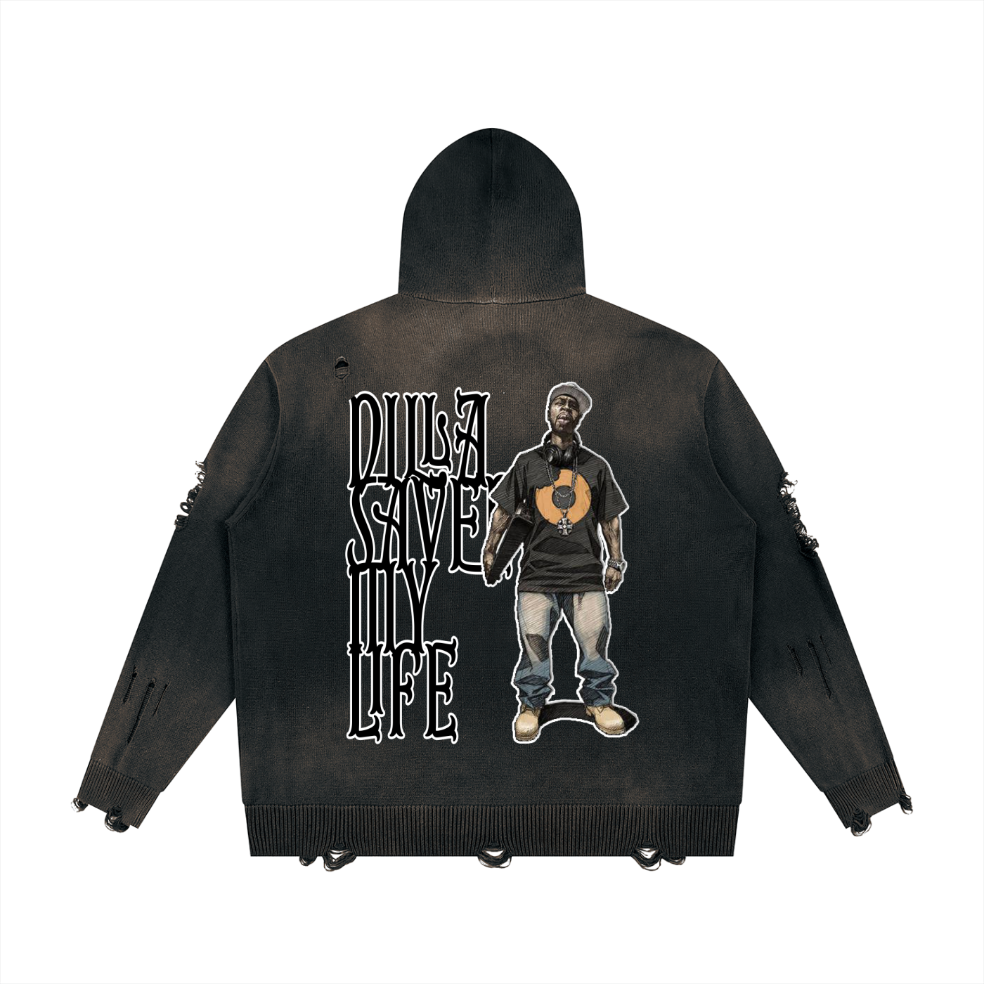 "Dilla Saved My Life" Distressed Full Zip Sweater