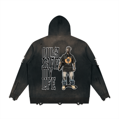 "Dilla Saved My Life" Distressed Full Zip Sweater