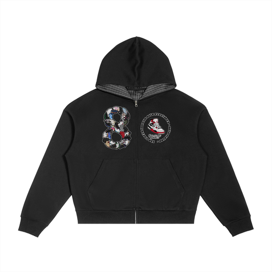 "AJ 8" Contrast Plaid Boxy Zip Hoodie