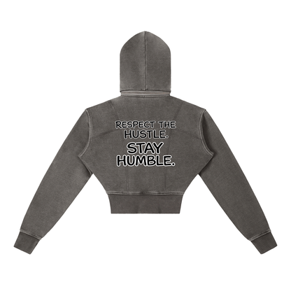 "STAY TRUE" Vintage Washed Cropped Fleece Hoodie